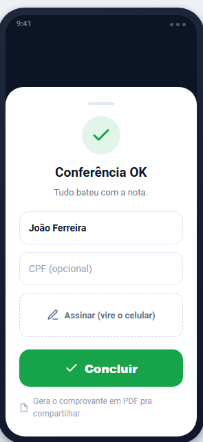 Finalização da conferência com nome, CPF e assinatura